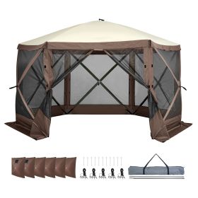 Pop Up Gazebo Tent, Pop-Up Screen Tent 6 Sided Canopy Sun Shelter with 6 Removable Privacy Wind Cloths & Mesh Windows (Color: Brown, Item Size: 12.5 x 12.5 ft)